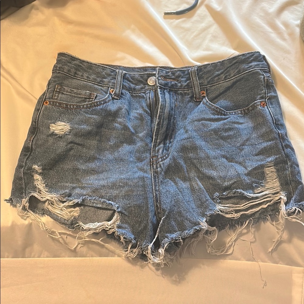 Blue Distressed Jean Shorts with Frayed Hem